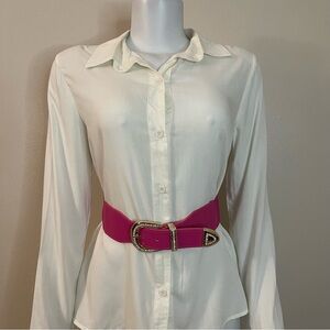 Pink PU leather gold tone buckle with rhinestones elastic waistband belt